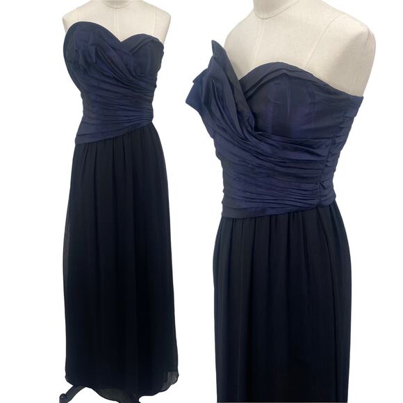 Max and Cleo Strapless Gown Maxi Dress Asymmetric Pleats Iridescent Blue Black 6 - Picture 1 of 10